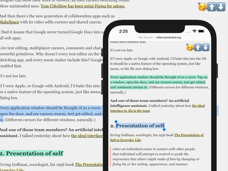 A screenshot showing highlighted text on both a laptop and a phone with various emoji in the top right corner of each