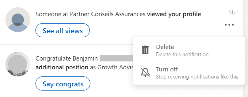 Screenshot from LinkedIn notifications, with the option “Turn off - Stop receiving notifications like this” Screenshot from LinkedIn notifications, with the option “Turn off - Stop receiving notifications like this”