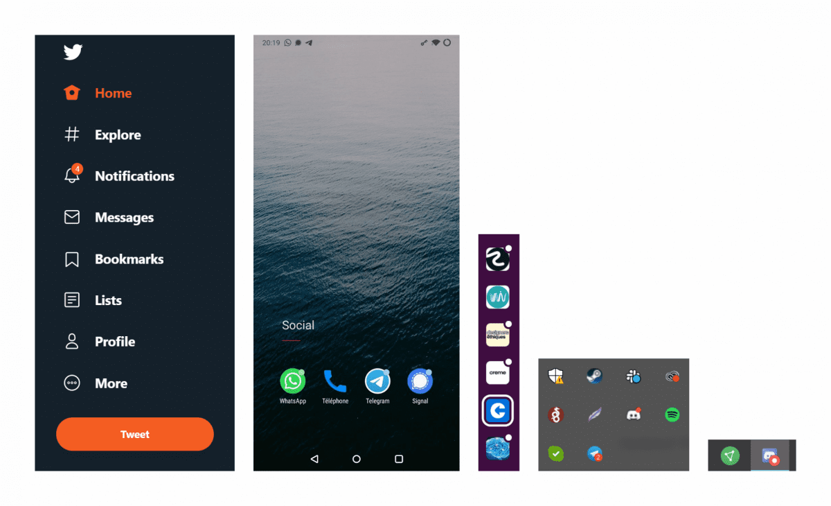 5 screenshots full of notification badges, from Twitter, my phone, Slack, my laptop's taskbar, and its hidden icons 5 screenshots full of notification badges, from Twitter, my phone, Slack, my laptop's taskbar, and its hidden icons