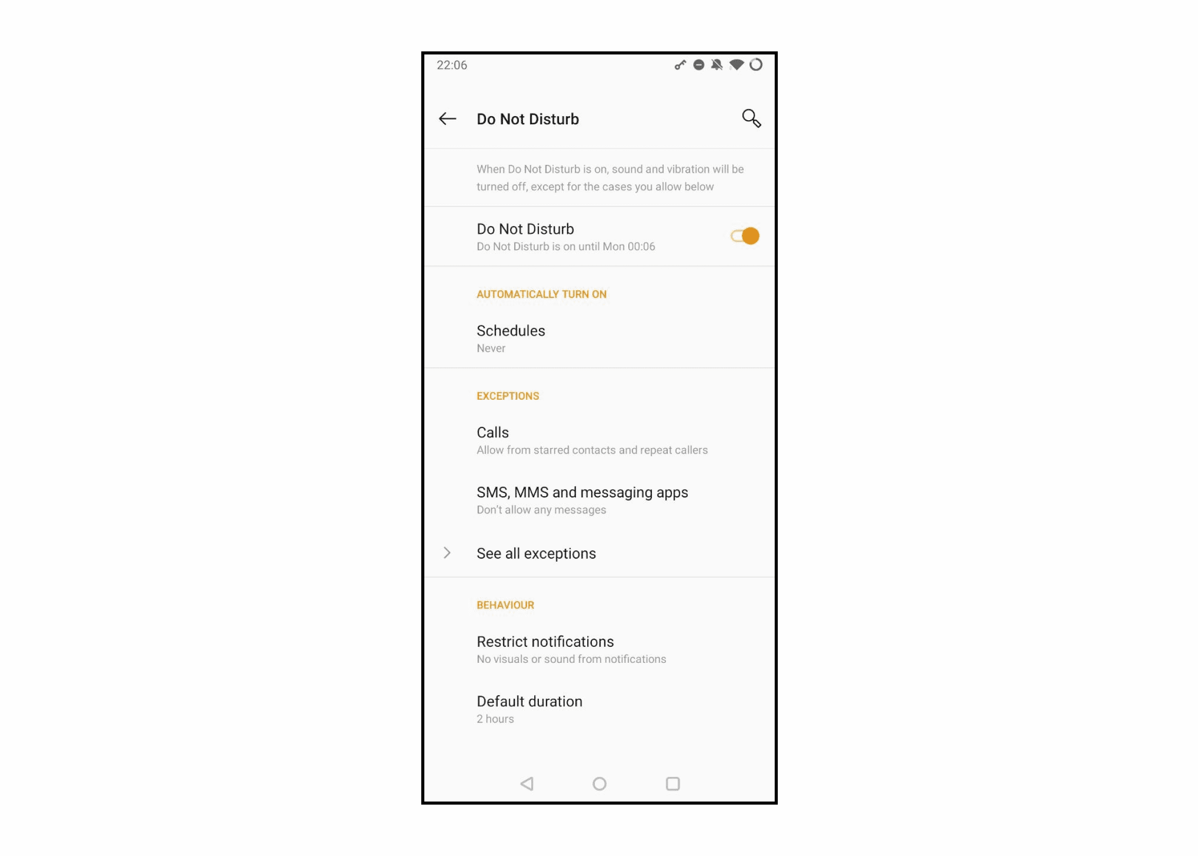 Screenshot from my phone’s “Do not disturb” settings, with the many options it offers: automatically turn on at a scheduled time, exceptions, behaviour, etc. Screenshot from my phone’s “Do not disturb” settings, with the many options it offers: automatically turn on at a scheduled time, exceptions, behaviour, etc.