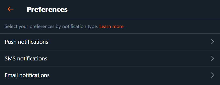 Screenshot from Twitter’s preferences panel, where users can choose to activate or not push notifications, SMS notifications, and email notifications Screenshot from Twitter’s preferences panel, where users can choose to activate or not push notifications, SMS notifications, and email notifications