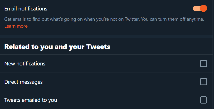 Screenshot from Twitter’s settings, where users can activate email notifications or not, and check what topic they want communications on Screenshot from Twitter’s settings, where users can activate email notifications or not, and check what topic they want communications on